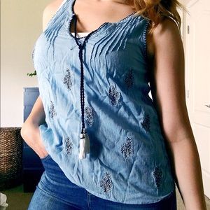 Periwinkle floral embroidered tank with tassels